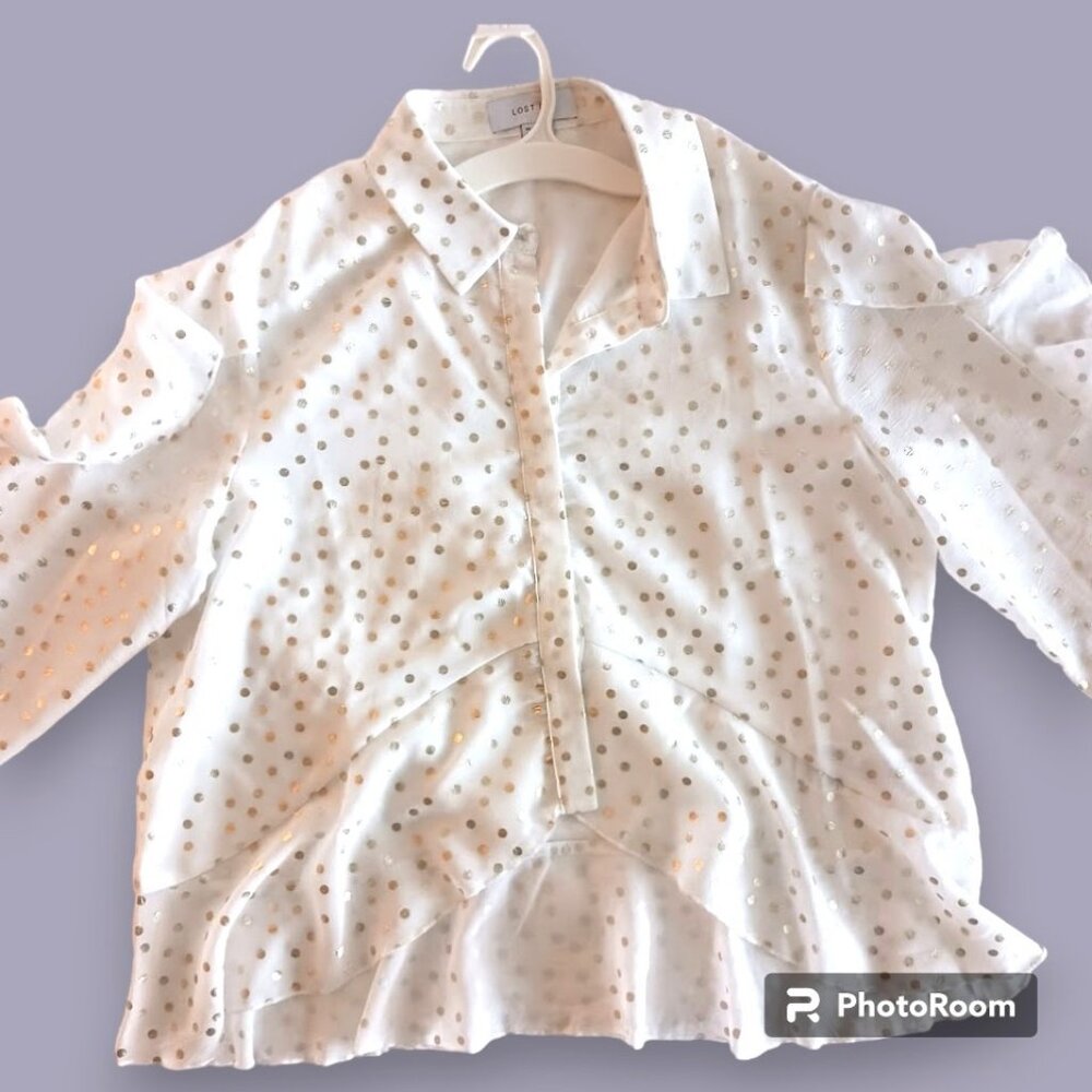 White and Gold Polka Dot Ruffled Button Up Blouse Business Casual Womens Large